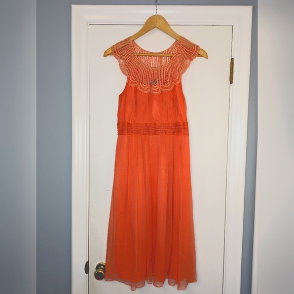 Anthropologie - Traffic People - Chiffon Peach Sherbet Crochet Trim Dress - Picture 1 of 4